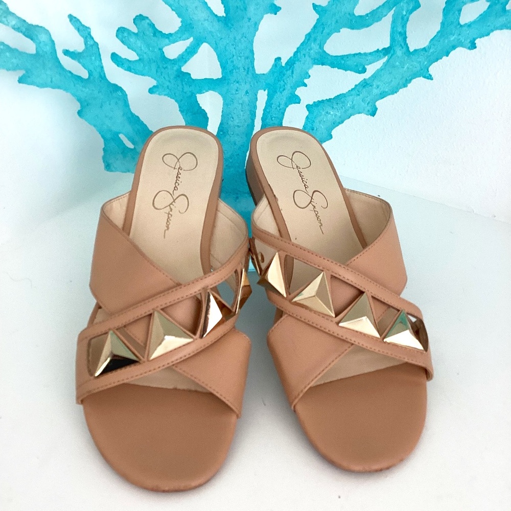 REDUCED Jessica Simpson Criss Cross Creme Slide Studded Sandals Size 8.5M /39